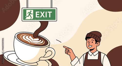 Creative Coffee Escape Concept Featuring Barista And Exit Sign In Unique Design