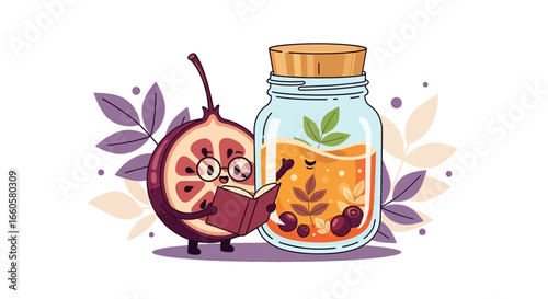 Creative Illustration Featuring Reading Fruit And Glass Jar With Natural Ingredients