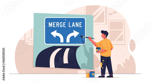 Creative Man Painting Merge Lane Sign With Brush On The Street Wall