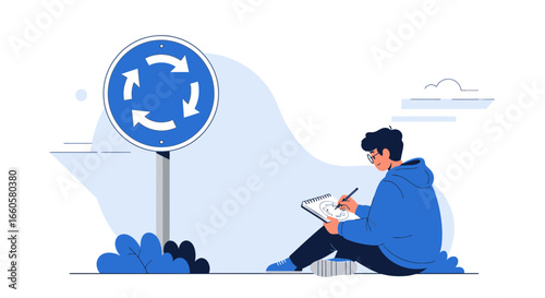 Creative Mind Observing Roundabout Roadsign To Create Artwork Concept Illustration