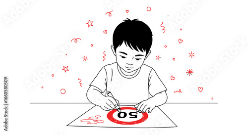 Creative Young Boy Enjoying Drawing Picture On The Paper At The Table