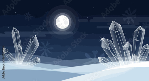 Crystals Shine Under Moonlight in Snowy Winter Night Scenery Vector Illustration