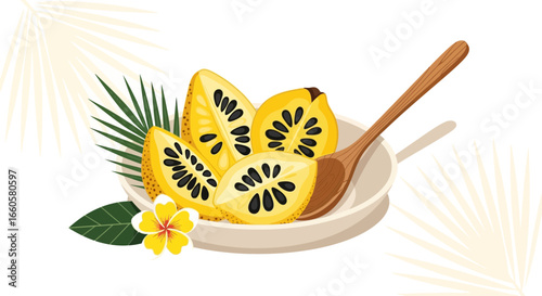 Custard Apple Slices And Wooden Spoon In A Bowl Tropical Fruit Still Life