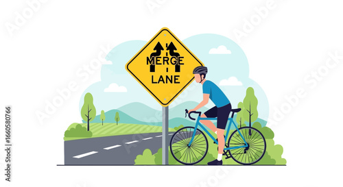Cyclist approaches a merge lane sign on a scenic road, illustrating traffic safety and awareness for cyclists