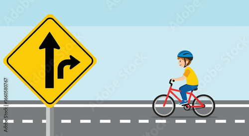 Cyclist Adhering to Directional Guidance on Road Wayfinding and Safety Measures