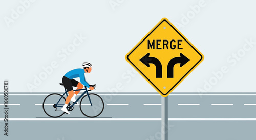Cyclist Approaches Merge Sign On Road For Safe Biking Strategy Concept