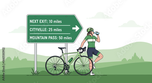 Cyclist Hydrating Near Mileage Sign After Long Journey On The Open Road