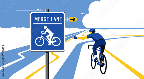 Cyclist Merging Onto Pathway Following Merge Lane Road Sign Illustration