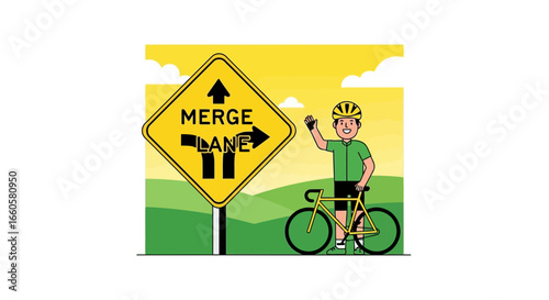 Cyclist Near Merge Lane Sign Enjoying the Great Outdoors on a Bicycle
