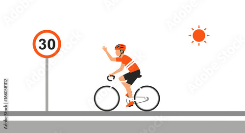 Cyclist Rides a Bike Beside a Speed Limit Sign on a Sunny Day