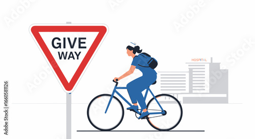 Cyclist Riding Near A Hospital Give Way Sign Illustration Concept Design
