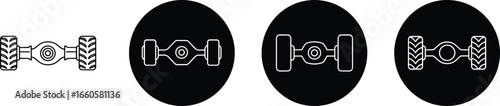Car axle icons set, automotive axle vector, vehicle wheels illustration, differential symbol, mechanical parts graphic, transport repair element
