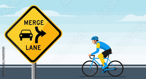 Cyclist riding past a merge lane road sign on a sunny day illustration