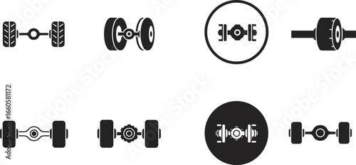 Car axle icons, automotive parts illustration, wheel axle vector, vehicle mechanical symbol, differential gear icon, car repair components, black silhouette
