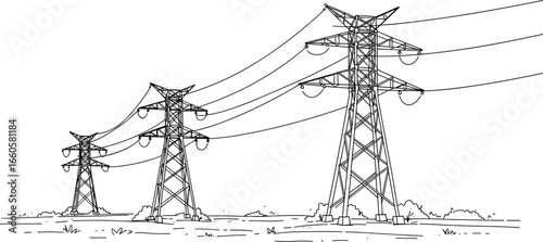 Electric power line towers illustration, energy pylons line art, high voltage grid infrastructure, electricity transmission landscape drawing
