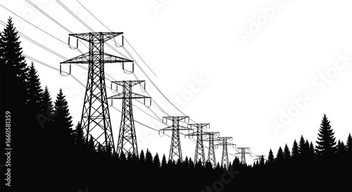 High voltage power lines, transmission towers, electricity pylons, forest silhouette, energy infrastructure, electric grid, rural landscape vector