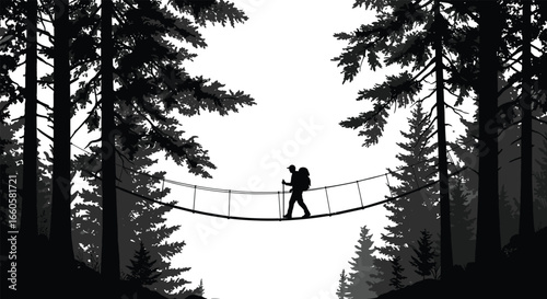 Silhouette of Hiker on Suspension Bridge in Forest, Adventure Scene with Trees, Mountain Landscape Background, Nature Hiking Travel Concept Artwork