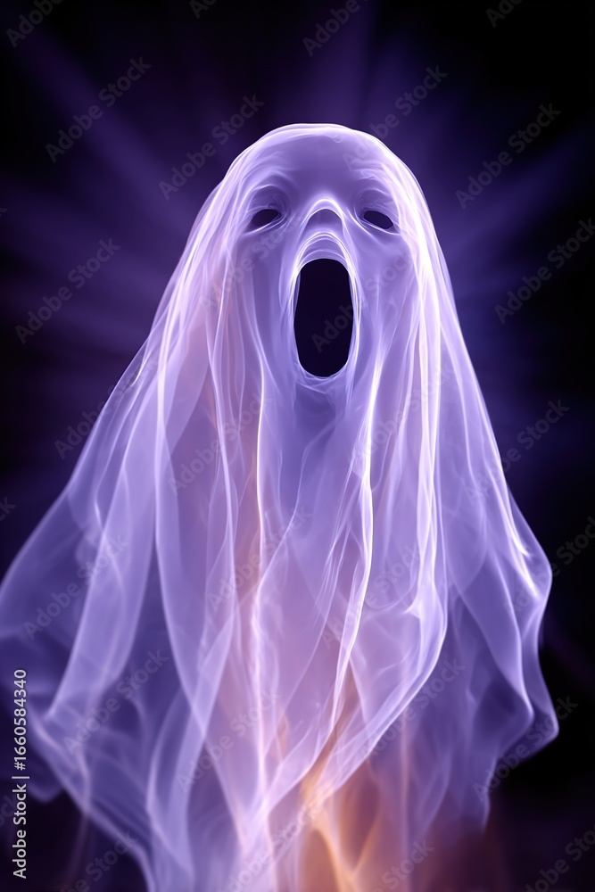 Fototapeta premium Eerie ghost figure with an open mouth amidst purple and black background