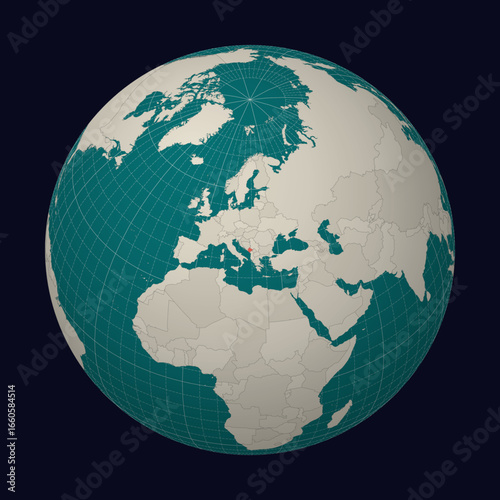 Montenegro on the map. Globe centered to Montenegro. Country location on the world map. Teal Pale Mint color palette. Globe with countries, meridians and parallels. Awesome vector illustration.