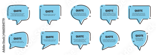 Quote text in speech bubble. Quote bubble testimonial banners. Quote box frames. Blank template quote text info design boxes quotation bubble blog quotes symbols.