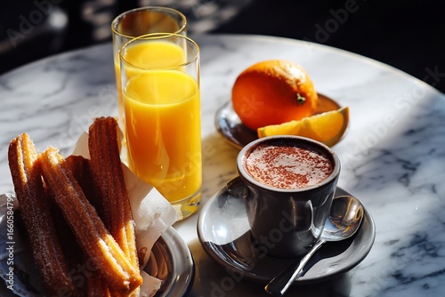Spanish breakfast churros and hot chocolate fresh squeezed orange juice marble caf table morning sunshine