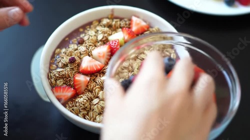 Invigorating Acai Bowl With Granola And Sliced Strawberries Toppings