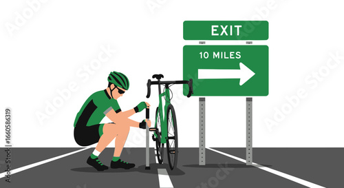 Cyclist taking a break during long ride next to exit sign indicating 10 miles distance