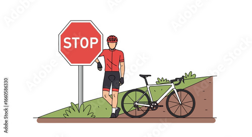 Cyclist Taking A Break Near Stop Sign On A Countryside Road Or Bike Trail