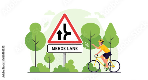 Cyclist Warns About Traffic Merging at a Lane in a Green Environment
