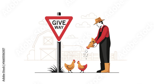 Daily Duties In The Countryside A Farmer Feeding Chickens Near A Give Way Sign