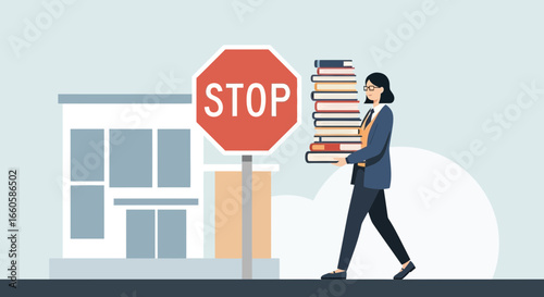 Deadline Approaching Woman Carrying Books Near Stop Sign By Building