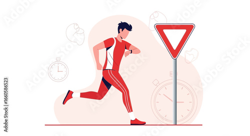 Dedicated Athlete Checks His Smartwatch While Training Near A Yield Sign
