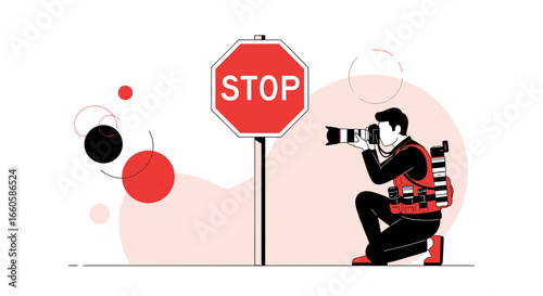 Dedicated Photojournalist Snapping Pictures Ignoring Red Stop Sign Obstruction
