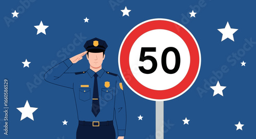 Dedicated Policeman Honors Speed Limit Under Starry Sky Illustration