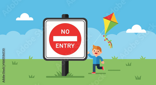 Defiance And Fun A Boy Flying A Kite In A Restricted Area Illustration