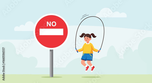 Defiant Child Jumps Rope In The Forbidden Zone With Red No Sign