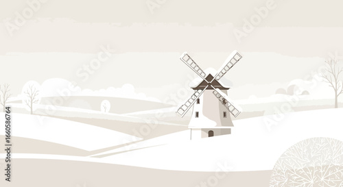 Delicate Winter Landscape Featuring a Windmill in Pale Tones Minimalist Style