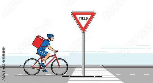 Delivery cyclist approaching yield sign at crosswalk for safety awareness campaign