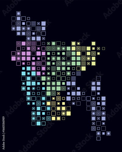 Bangladesh, shape of the country build of colored cells. Digital style map of the Bangladesh on dark background. Large size square blocks. Trending vector illustration.