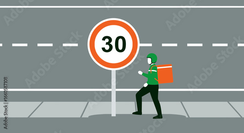 Delivery Rider Walking on Sidewalk Near Speed Limit Signage Illustration