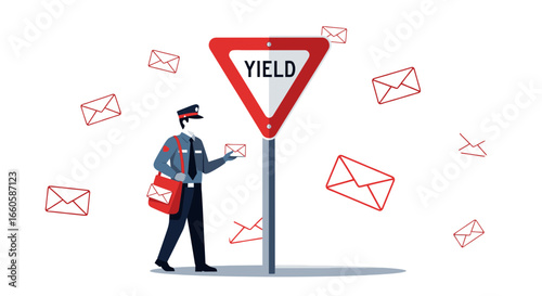 Delivery Services Concept Showing a Postman near a Yield Sign Illustration