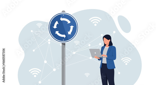 Digital Nomad Navigating Global Connectivity With Laptop By Road Sign