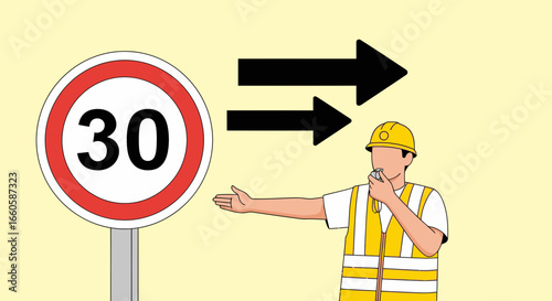 Directing Traffic With Speed Limit 30 Sign For Safety Awareness Illustration