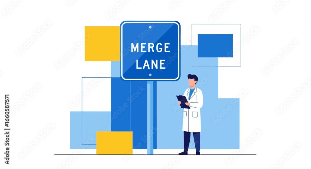 Doctor Checks Statistics Near Merge Lane Sign At Hospital Workplace Or Road Doctor Checks Statistics Near Merge Lane Sign At Hospital Workplace Or Road