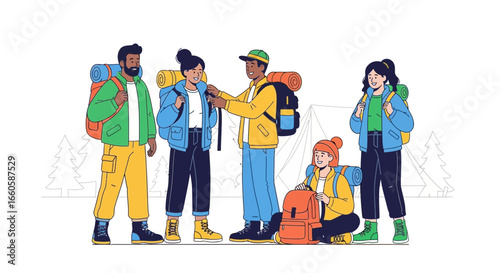 Diverse Group Of Young Adventurers Preparing For A Hiking Trip In The Mountains