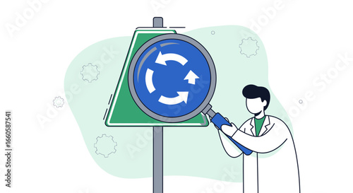 Doctor Analyzing Circular Economy with Magnifying Glass in Lab Coat Design