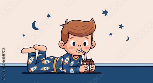 Dreamy Evening A Boy In Rocket Pajamas Enjoying Chocolate Milk Before Bedtime