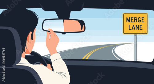 Driver Adjusting Rearview Mirror Preparing to Merge Lanes on Highway Journey Ahead