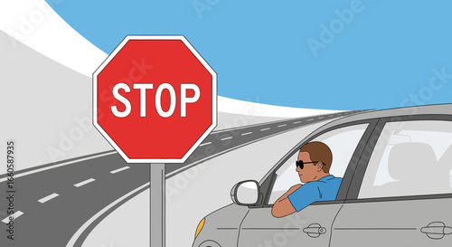 Driving Safety Illustration Man Awaiting Go Stop Sign on Highway Road