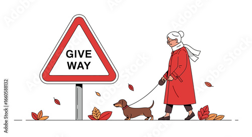 Elderly Woman Walks A Dachshund Near A Give Way Sign In Autumnal Ambience